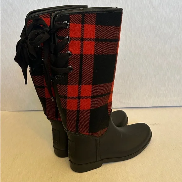 Coach Womens Tristee Black Red Plaid Rubber Lace-Up Knee High Rain Boots Size 10 - Picture 3 of 13